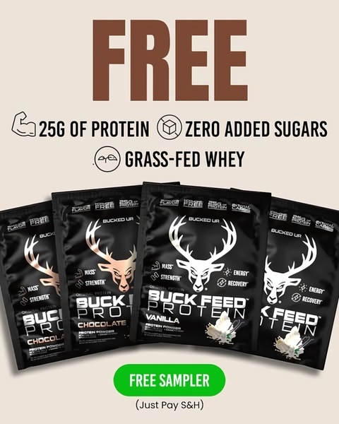 A high-conversion creative showcasing a free product sampler offer for performance-focused protein powder.